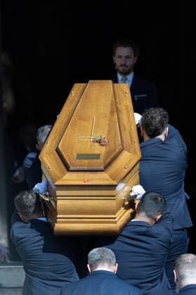 Mathilde Favier Funeral - Paris RL The coffin of Nicolas Altmayer arrives during the funeral of Mathilde Favier, director of public relations for Christian Dior Couture, at the Saint-Sulpice church in Paris, France, on August 31, 2026. She died in a car accident with her partner, French producer Nicolas Altmayer, on August 17, aged 57 and 61, respectively. Photo by Raphael Lafargue ABACAPRESS.COM Paris France  Copyright: xLafarguexRaphael ABACAx