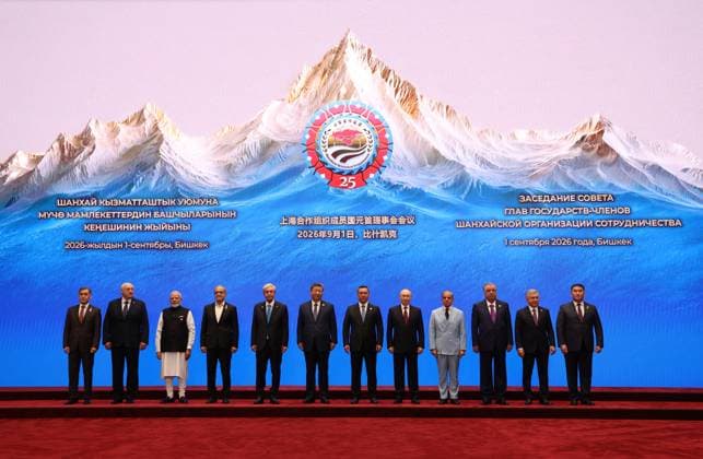 Kyrgyzstan SCO Summit 9232190 01.09.2026 From left, Shanghai Cooperation Organisation (SCO) Secretary-General Nurlan Yermekbayev, Belarusian President Alexander Lukashenko, Indian Prime Minister Narendra Modi, Iranian President Masoud Pezeshkian, Kazakh President Kassym-Jomart Tokayev, Chinese President Xi Jinping, Kyrgyz President Sadyr Japarov, Russian President Vladimir Putin, Pakistani Prime Minister Shehbaz Sharif, Tajik President Emomali Rahmon, Uzbek President Shavkat Mirziyoyev and Director of the Executive Committee of the SCO Regional Anti-Terrorist Structure Ularbek Sharsheev pose for a family photo before a session of the Shanghai Cooperation Organization (SCO) summit in Bishkek, Kyrgyzstan. Vyacheslav Prokofiev Sputnik Bishke  Copyright: xVyacheslavxProkofievx