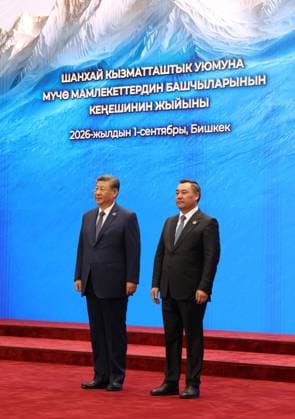 Kyrgyzstan SCO Summit 9232201 01.09.2026 Chinese President Xi Jinping is welcomed by Kyrgyz President Sadyr Japarov before a session of the Shanghai Cooperation Organization (SCO) summit in Bishkek, Kyrgyzstan. Vyacheslav Prokofiev Sputnik Bishkek Kyrgyzstan  Copyright: xVyacheslavxProkofievx