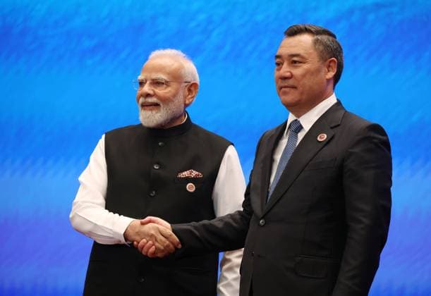 Kyrgyzstan SCO Summit 9232209 01.09.2026 Indian Prime Minister Narendra Modi is welcomed by Kyrgyz President Sadyr Japarov before a session of the Shanghai Cooperation Organization (SCO) summit in Bishkek, Kyrgyzstan. Vyacheslav Prokofiev Sputnik Bishkek Kyrgyzstan  Copyright: xVyacheslavxProkofievx