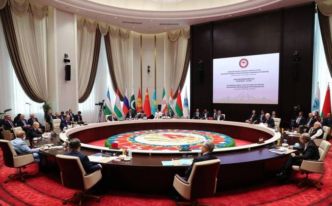 Kyrgyzstan SCO Summit 9232348 01.09.2026 From left, Pakistani Prime Minister Shehbaz Sharif, Russian President Vladimir Putin, Tajik President Emomali Rahmon, Chinese President Xi Jinping, Uzbek President Shavkat Mirziyoyev, Director of the Executive Committee of the Shanghai Cooperation Organisation (SCO) Regional Anti-Terrorist Structure Ularbek Sharsheev, SCO Secretary-General Nurlan Yermekbayev, Kazakh President Kassym-Jomart Tokayev, Kyrgyz President Sadyr Japarov, Belarusian President Alexander Lukashenko, Iranian President Masoud Pezeshkian and Indian Prime Minister Narendra Modi attend a session of the Shanghai Cooperation Organization (SCO) summit in Bishkek, Kyrgyzstan. Vyacheslav Prokofiev Sputnik Bishkek Kyrgyzstan  Copyright: xVyacheslavxProkofievx