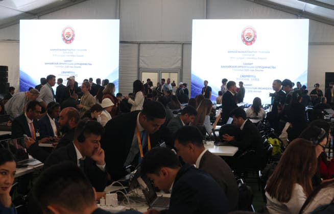 BISHKEK, KYRGYZSTAN - SEPTEMBER 01: Media reporters make preparations at the press center prior to the 26th Meeting of the Council of Heads of State of the Shanghai Cooperation Organization (SCO) on September 1, 2026 in Bishkek, Kyrgyzstan. The meeting of the SCO Council of Heads of State is scheduled for September 1 in Bishkek.  Copyright: xChinaxNewsxServicex 111663426526