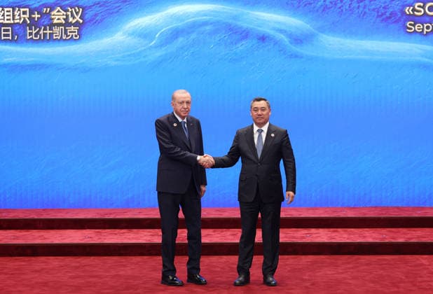 Turkish President Recep Tayyip Erdogan BISHKEK, KYRGYZSTAN - SEPTEMBER 01: (----EDITORIAL USE ONLY - MANDATORY CREDIT - TURKISH PRESIDENCY MURAT KULA HANDOUT - NO MARKETING NO ADVERTISING CAMPAIGNS - DISTRIBUTED AS A SERVICE TO CLIENTS----) Turkish President Recep Tayyip Erdogan (L) is welcomed by Kyrgyz President Sadyr Japarov (R) as he arrives to attend the Shanghai Cooperation Organization (SCO) Council of Heads of State Meeting in Bishkek, Kyrgyzstan, on September 1, 2026. Turkish Presidency Murat Kula Anadolu Bishkek Kyrgyzstan. Editorial use only. Please get in touch for any other usage.  Copyright: x2026xAnadoluxTurkishxPresidency MuratxKulax