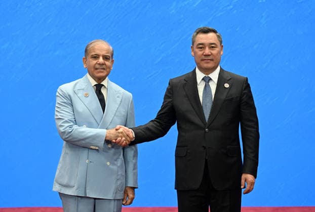 Shanghai Cooperation Organization Council of Heads of State meeting in Bishkek BISHKEK, KYRGYZSTAN - SEPTEMBER 01: (----EDITORIAL USE ONLY - MANDATORY CREDIT - KYRGYZ PRESIDENCY HANDOUT - NO MARKETING NO ADVERTISING CAMPAIGNS - DISTRIBUTED AS A SERVICE TO CLIENTS----) Kyrgyz President Sadyr Japarov meets with Pakistani Prime Minister Shehbaz Sharif during the Shanghai Cooperation Organization Council of Heads of State meeting at the Yrys Ordo Congress Center, on September 01, 2026 in Bishkek, Kyrgyzstan. Japarov welcomed leaders of SCO member states and governments as the summit began in the Kyrgyz capital. Kyrgyz Presidency Handout Anadolu Bishkek Kyrgyzstan. Editorial use only. Please get in touch for any other usage.  Copyright: x2026xAnadoluxKyrgyzxPresidencyx xHandoutx