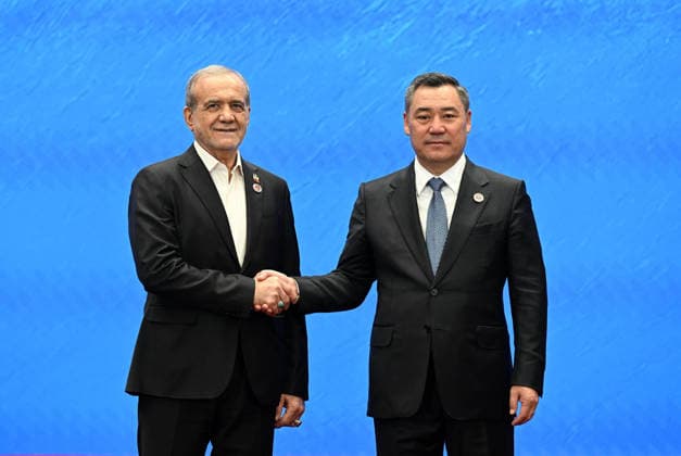 Shanghai Cooperation Organization Council of Heads of State meeting in Bishkek BISHKEK, KYRGYZSTAN - SEPTEMBER 01: (----EDITORIAL USE ONLY - MANDATORY CREDIT - KYRGYZ PRESIDENCY HANDOUT - NO MARKETING NO ADVERTISING CAMPAIGNS - DISTRIBUTED AS A SERVICE TO CLIENTS----) Kyrgyz President Sadyr Japarov meets with Iranian President Masoud Pezeshkian during the Shanghai Cooperation Organization Council of Heads of State meeting at the Yrys Ordo Congress Center, on September 01, 2026 in Bishkek, Kyrgyzstan. Japarov welcomed leaders of SCO member states and governments as the summit began in the Kyrgyz capital. Kyrgyz Presidency Handout Anadolu Bishkek Kyrgyzstan. Editorial use only. Please get in touch for any other usage.  Copyright: x2026xAnadoluxKyrgyzxPresidencyx xHandoutx