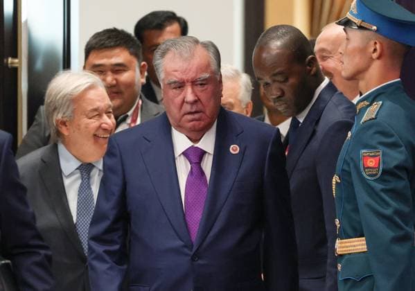 Kyrgyzstan SCO Summit 9232478 01.09.2026 United Nations Secretary-General Antonio Guterres and Tajik President Emomali Rahmon walk after a meeting of the Shanghai Cooperation Organisation (SCO) Council of Heads of State in Bishkek, Kyrgyzstan. Vyacheslav Prokofiev Sputnik Bishkek Kyrgyzstan  Copyright: xVyacheslavxProkofievx