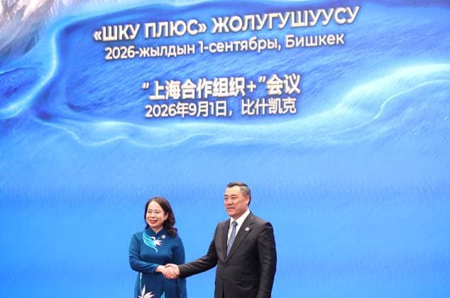Kyrgyzstan SCO Summit 9232521 01.09.2026 Vietnamese Vice President Vo Thi Anh Xuan is welcomed by Kyrgyz President Sadyr Japarov before a meeting in the Shanghai Cooperation Organization (SCO) Plus format in Bishkek, Kyrgyzstan. Petr Kovalev Sputnik Bishkek Kyrgyzstan  Copyright: xPetrxKovalevx