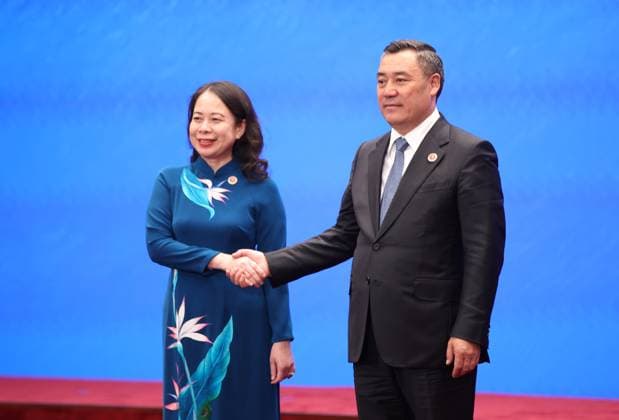 Kyrgyzstan SCO Summit 9232526 01.09.2026 Vietnamese Vice President Vo Thi Anh Xuan is welcomed by Kyrgyz President Sadyr Japarov before a meeting in the Shanghai Cooperation Organization (SCO) Plus format in Bishkek, Kyrgyzstan. Petr Kovalev Sputnik Bishkek Kyrgyzstan  Copyright: xPetrxKovalevx