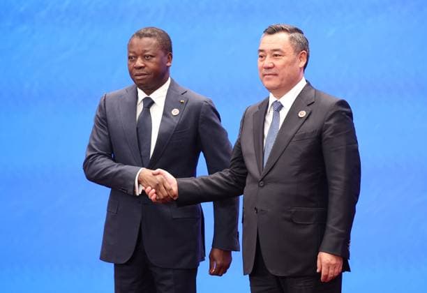 Kyrgyzstan SCO Summit 9232530 01.09.2026 Togolese Prime Minister Faure Gnassingbe is welcomed by Kyrgyz President Sadyr Japarov before a meeting in the Shanghai Cooperation Organization (SCO) Plus format in Bishkek, Kyrgyzstan. Petr Kovalev Sputnik Bishkek Kyrgyzstan  Copyright: xPetrxKovalevx