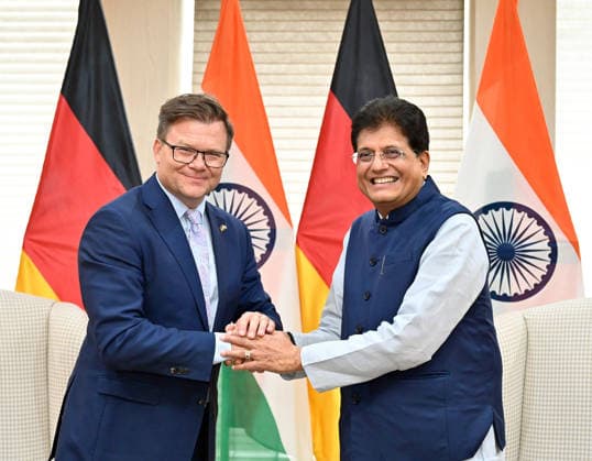 RECORD DATE NOT STATED Piyush Goyal meets German Minister Carsten Schneider New Delhi, Sep 01 (ANI): Union Minister Piyush Goyal meets German Minister of the Environment, Nature Conservation and Nuclear Safety, Carsten Schneider, in New Delhi on Tuesday. (@PiyushGoyal X ANI Photo) NEW DELHI Delhi India Copyright: xANIx ANI_20260901468