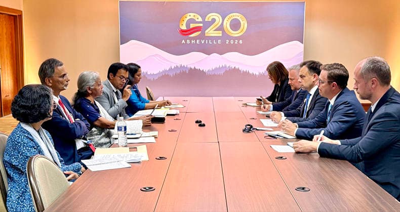 RECORD DATE NOT STATED FM Nirmala Sitharaman meets Poland s Finance Minister Andrzej DomaÅ ski Asheville North Carolin , Sep 01 (ANI): Union Finance Minister Nirmala Sitharaman meets Minister of Finance and Economy, Poland, Andrzej DomaÅ ski, on the sidelines of the G20 Finance Ministers and Central Bank Governors (FMCBG) Meeting, in Asheville on Monday. (@FinMinIndia X ANI Photo) Asheville North Carolin Copyright: xANIx ANI_20260901474