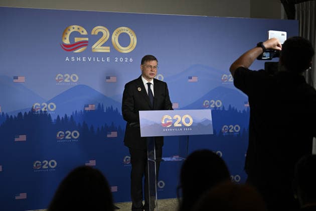 G20 summit of the Finance Ministers and Central Bank Governors Meeting in Asheville ASHEVILLE, USA - SEPTEMBER 1: Latvian Commissioner Valdis Dombrovskis speaks during the second day of the G20 summit of the Finance Ministers and Central Bank Governors Meeting at the Omni Grove Park Inn in Asheville, NC, United States on September 01, 2026 Peter Zay Anadolu North Carolina United States. Editorial use only. Please get in touch for any other usage.  Copyright: x2026xAnadoluxPeterxZayx