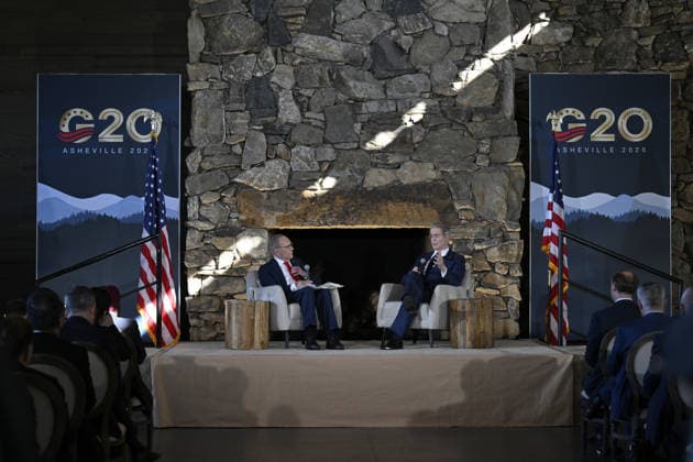 G20 Finance Ministers and Central Bank Governors Meeting In Asheville, North Carolina ASHEVILLE, NC, USA - SEPTEMBER 1: US Treasury Secretary Scott Bessent (R) joins FOX Business Network host Larry Kudlow (L) for a fireside chat as he participates in the day two of the G20 summit of the Finance Ministers and Central Bank Governors Meeting at the Omni Grove Park Inn, in Asheville, North Caroline, United States on September 1, 2026. Peter Zay Anadolu North Carolina United States. Editorial use only. Please get in touch for any other usage.  Copyright: x2026xAnadoluxPeterxZayx