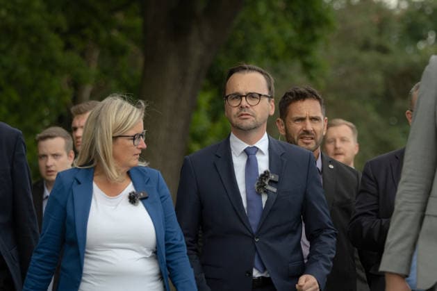 September 1, 2026, Turnow Preilack, Germany: Brandenburg officials speak to the media near the site where improvised rockets reportedly struck a power substation. A power plant is seen in the background. Authorities are investigating the incident. Brandenburgs economy minister Martina Klement and Interior Minister Dr. Jan Redmann Turnow Preilack Germany - ZUMAs319 20260901_znp_s319_011 Copyright: xGabyxSchuetzex