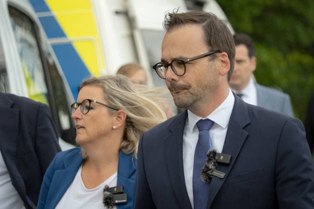 September 1, 2026, Turnow Preilack, Germany: Brandenburg officials speak to the media near the site where improvised rockets reportedly struck a power substation. A power plant is seen in the background. Authorities are investigating the incident. Brandenburgs economy minister Martina Klement and Interior Minister Dr. Jan Redmann Turnow Preilack Germany - ZUMAs319 20260901_znp_s319_013 Copyright: xGabyxSchuetzex