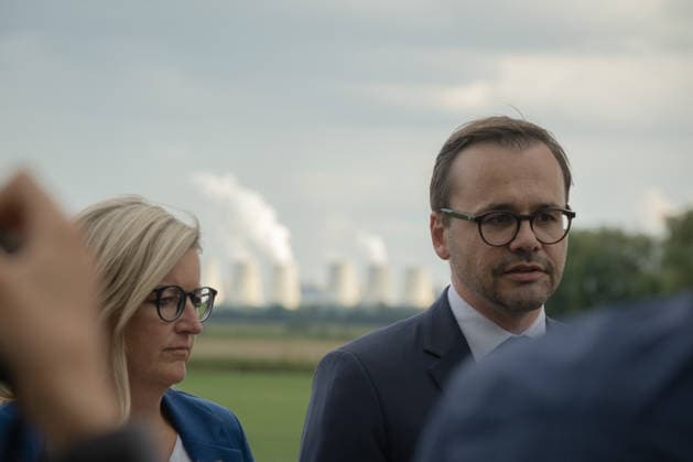 September 1, 2026, Turnow Preilack, Brandenburg, Germany: Brandenburg officials speak to the media near the site where improvised rockets reportedly struck a power substation. A power plant is seen in the background. Authorities are investigating the incident. Brandenburgs economy minister Martina Klement and Interior Minister Dr. Jan Redmann Turnow Preilack Germany - ZUMAs319 20260901_znp_s319_020 Copyright: xGabyxSchuetzex