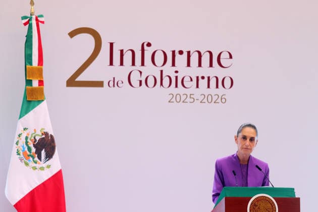 Mexico s President Sheinbaum Delivers 2025-2026 Government Report Mexican President Claudia Sheinbaum Pardo delivers a speech from behind a podium during her Government Report for the 2025-2026 term at the National Palace on September 1, 2026 in Mexico City, Mexico. (Photo by Carlos Santiago Eyepix Group) Copyright: xCarlosxSantiagox xEyepixxGroupx CS_01092026_196766