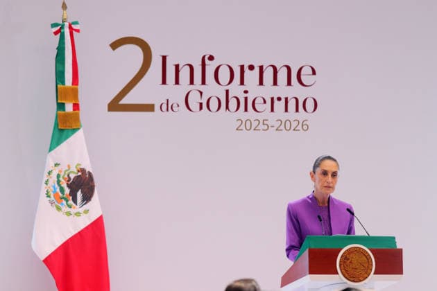Mexico s President Sheinbaum Delivers 2025-2026 Government Report Mexican President Claudia Sheinbaum Pardo delivers a speech from behind a podium during her Government Report for the 2025-2026 term at the National Palace on September 1, 2026 in Mexico City, Mexico. (Photo by Carlos Santiago Eyepix Group) Copyright: xCarlosxSantiagox xEyepixxGroupx CS_01092026_196768