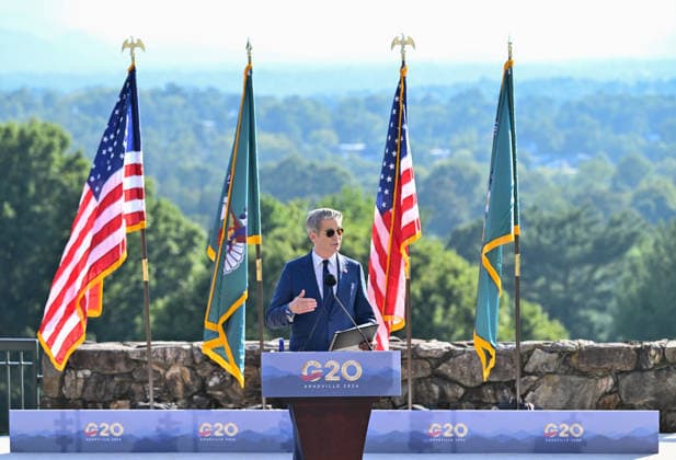 US Treasury Secretary Scott Bescent ASHEVILLE, USA - SEPTEMBER 1: US Treasury Secretary Scott Bescent holds a press conference at the conclusion of the G20 Summit of Finance Ministers and Central Bank Governors at the Omni Grove Park Inn in Asheville NC, United States on September 01, 2026 Peter Zay Anadolu North Carolina United States. Editorial use only. Please get in touch for any other usage.  Copyright: x2026xAnadoluxPeterxZayx
