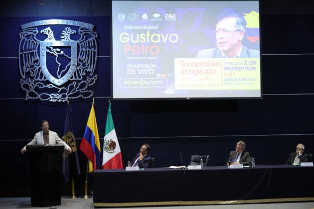 September 2, 2026, Mexico City, Mexico: Former Colombian President GUSTAVO PETRO delivered the keynote lecture Capital in the 21st Century: Political Economy of the Climate Crisis before students and attendees at the Alfonso Caso Auditorium in University City, organized by UNAMs University Program for Studies on Democracy, Justice and Society (PUEDJS). Among those in attendance were 1992 Nobel Peace Prize laureate RIGOBERTA MENCHU TUM and NADYA LAYLA RASHEED, Ambassador of the State of Palestine to Mexico. Mexico City Mexico - ZUMAl178 20260902_znp_l178_017 Copyright: xCristianxLeyvax
