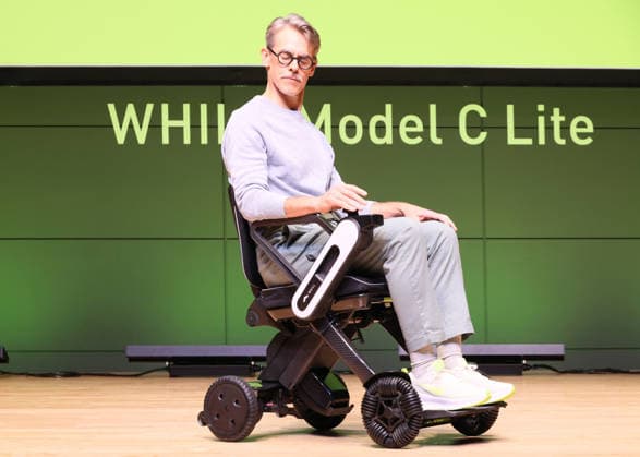 September 3, 2026, Tokyo, Japan - Japanese personal mobility company Whill unveils the new lighweight folding electric wheelchair Whill Model C Lite in Tokyo on Thursday, September 3, 2026. The new mobility weighing 18.6kg body with carbon fiver reinforced plastics parts has omni-directional wheels for front wheels and high performance battery to drive 38.5km of distance. (photo by Yoshio Tsunoda AFLO)  aflo_344739877