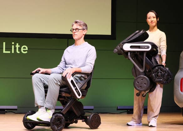September 3, 2026, Tokyo, Japan - Japanese personal mobility company Whill unveils the new lighweight folding electric wheelchair Whill Model C Lite in Tokyo on Thursday, September 3, 2026. The new mobility weighing 18.6kg body with carbon fiver reinforced plastics parts has omni-directional wheels for front wheels and high performance battery to drive 38.5km of distance. (photo by Yoshio Tsunoda AFLO)  aflo_344739879
