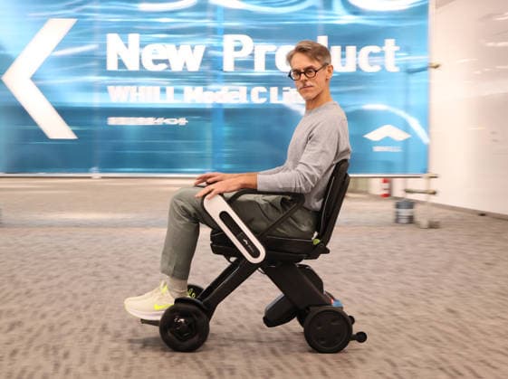 September 3, 2026, Tokyo, Japan - Japanese personal mobility company Whill unveils the new lighweight folding electric wheelchair Whill Model C Lite in Tokyo on Thursday, September 3, 2026. The new mobility weighing 18.6kg body with carbon fiver reinforced plastics parts has omni-directional wheels for front wheels and high performance battery to drive 38.5km of distance. (photo by Yoshio Tsunoda AFLO)  aflo_344739881