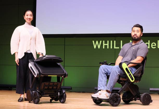 September 3, 2026, Tokyo, Japan - Users of Japanese personal mobility company Whill s electric wheelchairs, opera singer Mamiko Sakaida (L) and wheelchair rugby and tennis player Motoki Sugano (R) display the new lighweight folding electric wheelchair Whill Model C Lite in Tokyo on Thursday, September 3, 2026. The new mobility weighing 18.6kg body with carbon fiver reinforced plastics parts has omni-directional wheels for front wheels and high performance battery to drive 38.5km of distance. (photo by Yoshio Tsunoda AFLO)  aflo_344739891