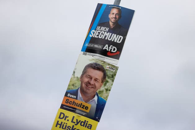 03.09.2026, Politik, Landtagswahl 2026 in Sachsen-Anhalt. Symbolfoto, Symbolbild, Wahlplakate, Plakate von Ulrich SIegmund (Alternative für Deutschland, AfD) und Ministerpräsident Sven Schulze (CDU) Magdeburg