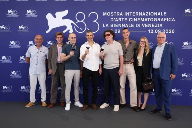 September 3, 2026, Venice, Italy: Patrick Maniere, Enzo Ferraroli, Eric Goettelmann, Gregory Kershaw, Michael Dweck, guest, Celeste Kalis and Guillaume Baroin pose at the Burgundy photocall during the 83rd Venice International Film Festival at Palazzo del Cinema on the Lido in Venice, Italy, on 03 September 2026. Photo: Venice Italy - ZUMAm179 20260903_zep_m179_009 Copyright: xAlecxMichaelx