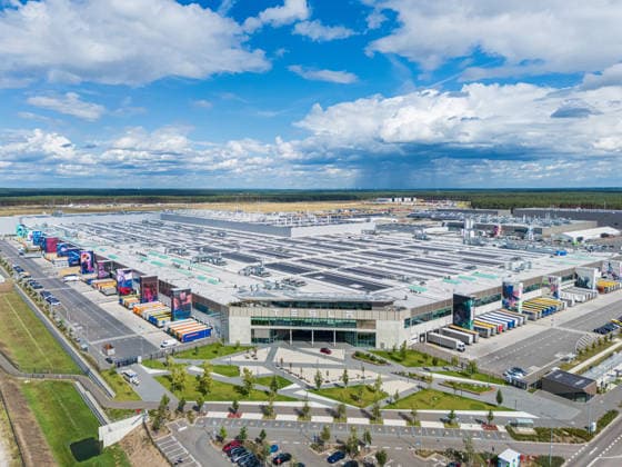 GRUENHEIDE, GERMANY - AUGUST 30: In an aerial view, the Tesla Gigafactory Berlin-Brandenburg stands on August 30, 2026 near Gruenheide, Germany Tesla Gigafactory near Berlin in an aerial view Berlin Germany