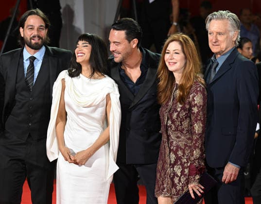 Costa Rican actor Daniel Zovatto, Algerian actress Sofia Boutella, British actor Jack Huston, American actress Dana Delaney and actor Bill Pullman attend the premiere of The Basics Of Philosophy at the 83rd Venice Film Festival in Venice, Italy on Friday, September 4, 2026.  VEN20260904115 RUNExHELLESTAD