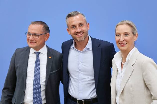 Berlin, Deutschland, 07.09.2026: Bundespressekonferenz: AfD - Auswirkungen der Landtagswahl in Sachsen-Anhalt auf die Bundespolitik: Tino Chrupalla, Bundessprecher der AfD und Co-Vorsitzender der AfD-Fraktion im Deutschen Bundestag, Ulrich Siegmund, Spitzenkandidat AfD in Sachsen-Anhalt, und Alice Weidel, Bundessprecherin der AfD und Co-Vorsitzende der AfD-Fraktion im Deutschen Bundestag Copyright: xdtsxNachrichtenagenturx dts_133032