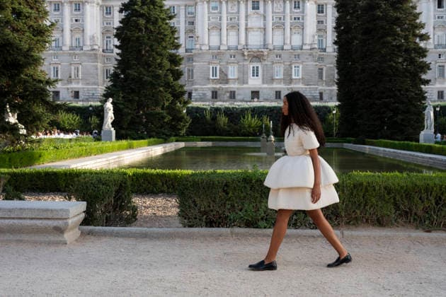 September 7, 2026, Madrid, Spain: A model parades with MadModa design during OMODA and Fashion Week Madrid in Madrid Jardines de Sabatini in Madrid. 7 of September of 2026 Spain Madrid Spain - ZUMAs197 20260907_aaa_s197_410 Copyright: xAtilanoxGarciax