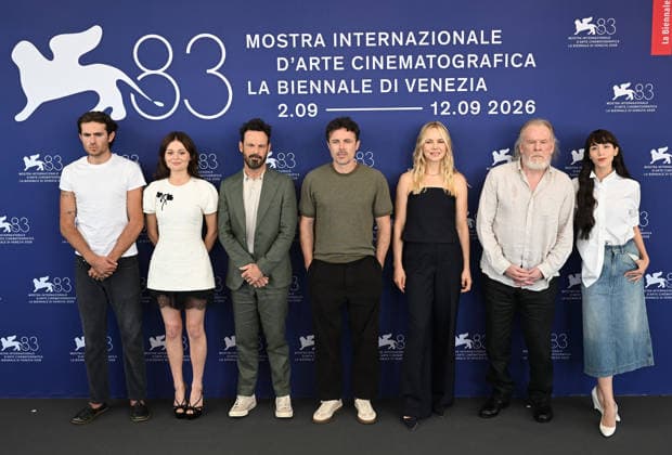 American actor director Casey Affleck, actors Indiana Affleck, Scoot McNairy, Nick Nolte, actress Emiliy Alyn Lind, Australian actresses Catherine Caylee Cowan and Adelaide Clemens attend a photo call for Company at the 83rd Venice Film Festival in Venice, Italy on Tuesday, September 8, 2026.  VEN20260908120 RUNExHELLESTAD
