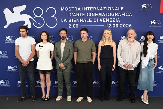American actor director Casey Affleck, actors Indiana Affleck, Scoot McNairy, Nick Nolte, actress Emiliy Alyn Lind, Australian actresses Catherine Caylee Cowan and Adelaide Clemens attend a photo call for Company at the 83rd Venice Film Festival in Venice, Italy on Tuesday, September 8, 2026.  VEN20260908122 RUNExHELLESTAD