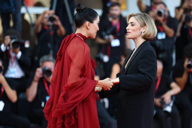 September 8, 2026, Venice Lido, Veneto, Italy: ROCIO MUNOZ MORALES and host GRETA SCARANO during the red carpet arrivals ahead of the Premiere screening of the movie Bunker at the 83rd Venice Film Festival at Sala Grande in Venice Lido, Italy. Venice Lido Italy  - ZUMAc179 20260908_zep_c179_176 Copyright: xMickaelxChavetx