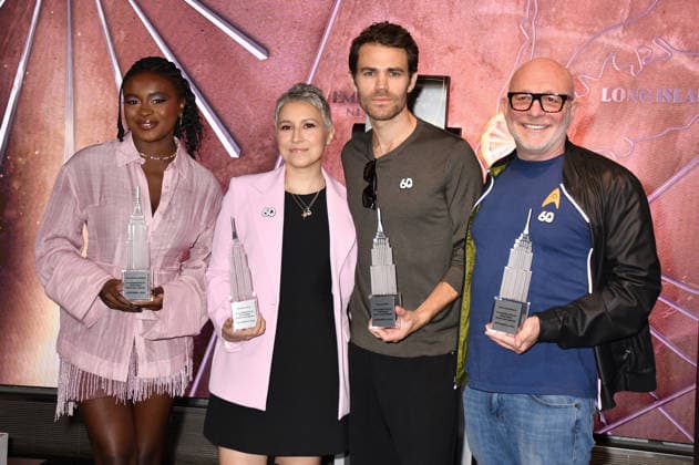 NEW YORK, NY - SEPTEMBER 8: Celia Rose Gooding, Melissa Navia, Paul Wesley and Akiva Goldsman pictured as the cast of Star Trek light the Empire State Building in celebration of the 60th Anniversary of Star Trek on September 8, 2026 in New York City. Copyright: xmpi099 MediaPunchx
