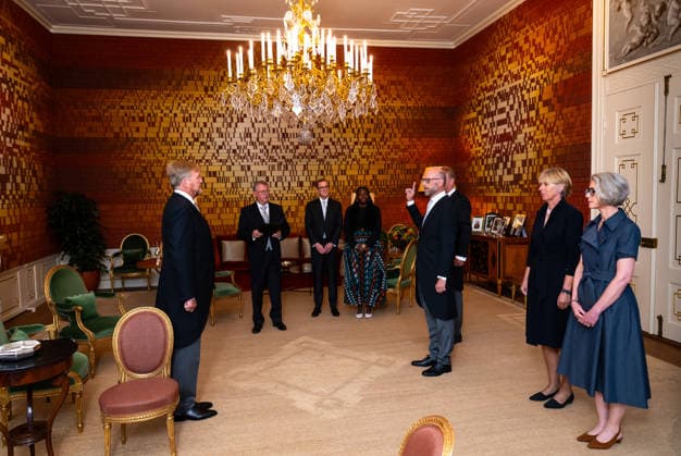 08-09-2026 The Hague Palace King Willem-Alexander during a meeting with ambassadors A.S.M. de Vries (Pristina), H.J. Rekkers (Santo Domingo), M.L.H. Deelen (Kuala Lumpur), and J. Bos (Kinshasa) at palace Noordeinde in The Hague. Â  Copyright: xPPEx