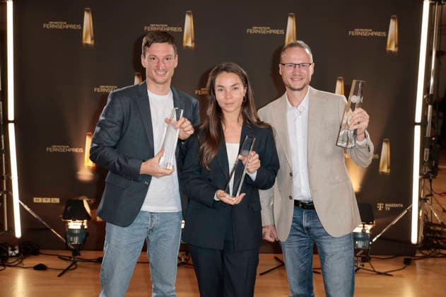 Eike Köhler, Kim Kristin Mauch und Björn Kurtenbach bei der Verleihung des Deutschen Fernsehpreises 2026 - Die Nacht der Kreativen in der Flora. Köln, 08.09.2026