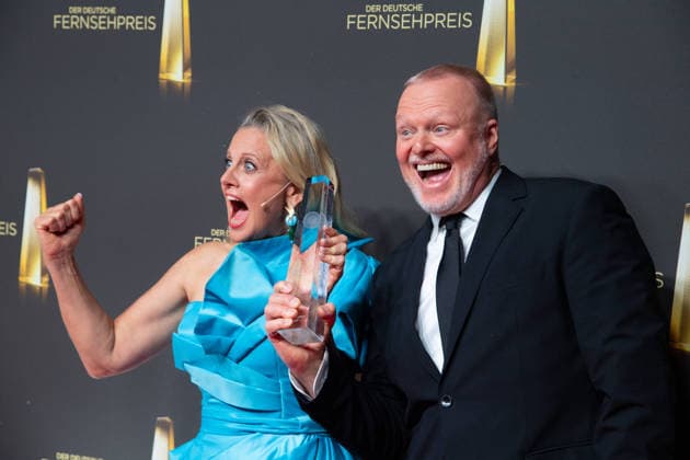 Die Preistraeger Barbara SCHOENEBERGER und Stefan RAAB Verleihung des Deutschen Fernsehpreises, Der Deutsche Fernsehpreis 2026, Deutscher Fernsehpreis 2026 im Confex Koeln, am 09.09.2025.