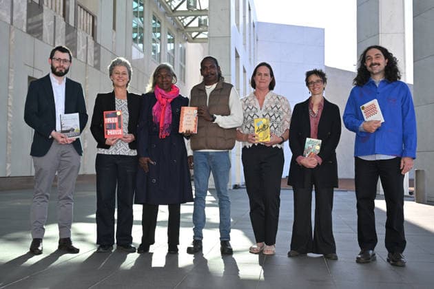PRIME MINISTERS LITERARY AWARDS, (L-R) Authors Rohan Howitt, Kate Wild, Merrkiyawuy Ganambarr-Stubbs, Djawa Burarrwanga, Pip Harry, Zana Fraillon and Ender Baskan pose for a photograph for the 2026 Prime Minister™s Literary Awards at Parliament House in Canberra, Thursday, September 10, 2026. ( NO ARCHIVING CANBERRA AUSTRALIAN CAPITAL TERRITORY AUSTRALIA  Copyright: xMICKxTSIKASx 20260910127777445036