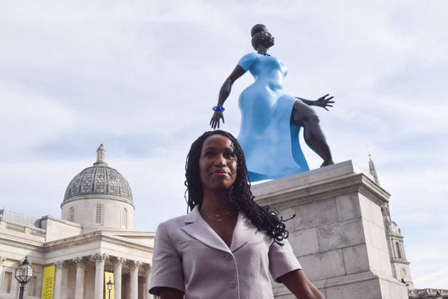 September 10, 2026, London, England, United Kingdom: Artist TSCHABALALA SELF stands next to her artwork Lady In Blue , the new Fourth Plinth sculpture in Trafalgar Square. London United Kingdom  - ZUMAv130 20260910_zip_v130_028 Copyright: xVukxValcicx