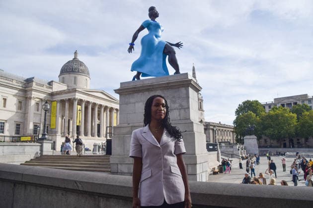 September 10, 2026, London, England, United Kingdom: Artist TSCHABALALA SELF stands next to her artwork Lady In Blue , the new Fourth Plinth sculpture in Trafalgar Square. London United Kingdom - ZUMAv130 20260910_zip_v130_031 Copyright: xVukxValcicx