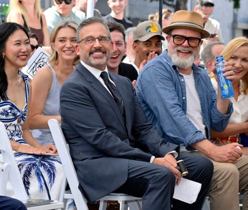 Steve Carell (L) and Rainn Wilson react to comments during American screenwriter, television producer and director Greg Daniels unveiling ceremony honoring Daniels with the 2,856th star on the Hollywood Walk of Fame in Los Angeles on Thursday, September 10, 2026.  LAP2026091026 JIMxRUYMEN