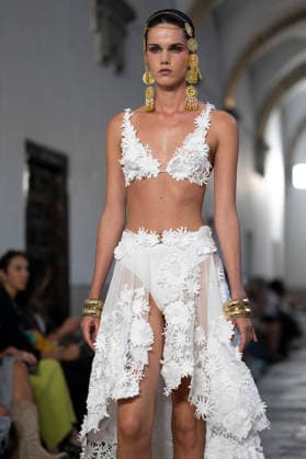 September 10, 2026, Madrid, Spain: A model parades with Dolores Cortes design during the OMODA Fashion Week en ISE San Isidro in Madrid. Madrid Spain  - ZUMAs197 20260910_aaa_s197_617 Copyright: xAtilanoxGarciax