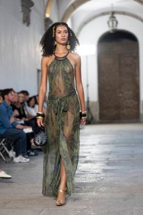 September 10, 2026, Madrid, Spain: A model parades with Dolores Cortes design during the OMODA Fashion Week en ISE San Isidro in Madrid. Madrid Spain  - ZUMAs197 20260910_aaa_s197_620 Copyright: xAtilanoxGarciax