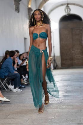 September 10, 2026, Madrid, Spain: A model parades with Dolores Cortes design during the OMODA Fashion Week en ISE San Isidro in Madrid. Madrid Spain  - ZUMAs197 20260910_aaa_s197_659 Copyright: xAtilanoxGarciax