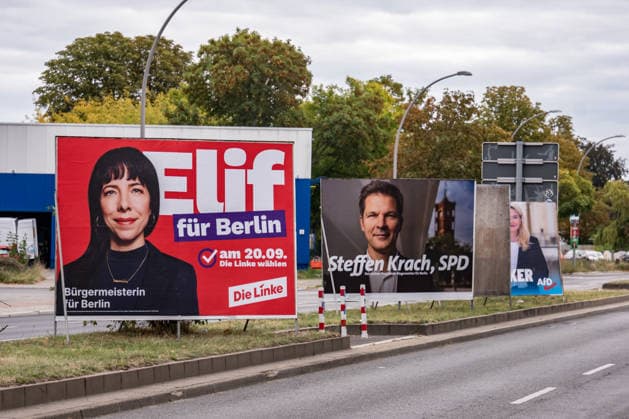 Wahlplakat der Spitzenkandidatin der Linke für die Abgeordnetenhaus-Wahl Elif Eralp und der SPD Steffen Krach in Berlin am 11. Semptember 2026. Wahlwerbung in Berlin