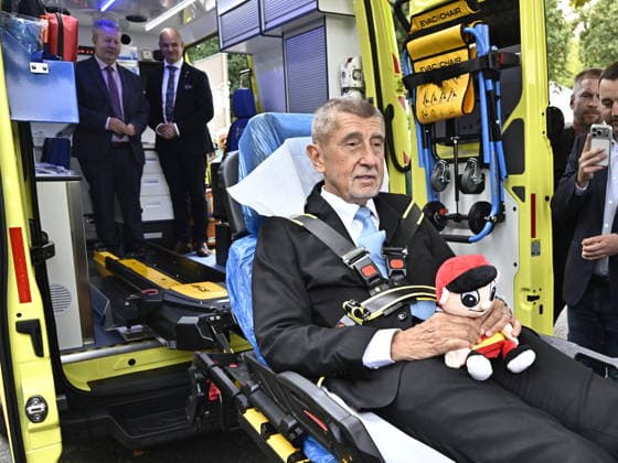 Czech Prime Minister Andrej Babis (ANO) tries out the stretcher in a new ambulance during the handover of ambulances to the Usti nad Labem Region Emergency Medical Service on September 11, in Litomerice, Czech Republic. (CTKxPhoto OndrejxHajek) CTKPhotoP2026091105875  CTKPhotoP2026091105875